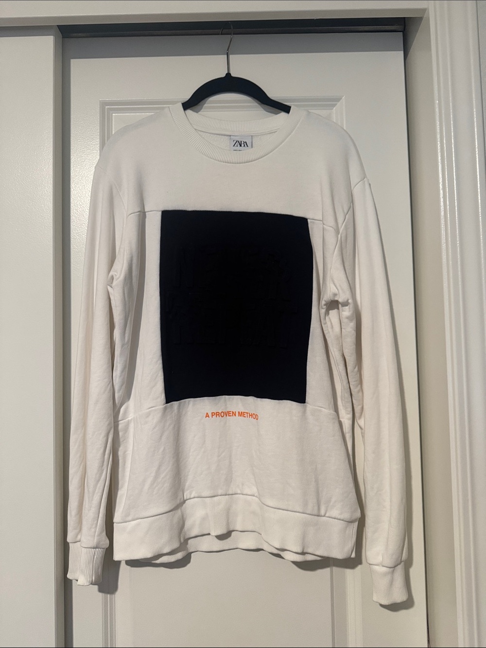 Zara White Crewneck with Black Panel and Orange Text